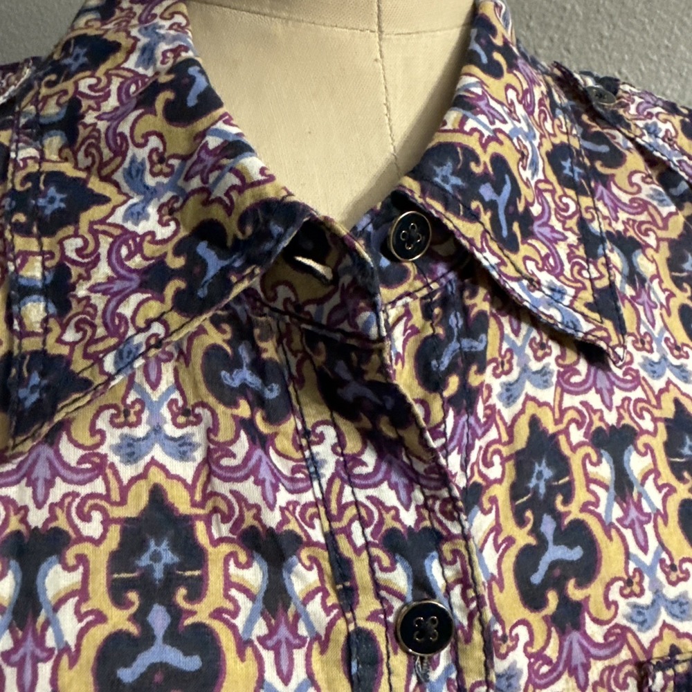 Tory Burch Cotton Demask Kaleidoscope Button Blouse Roll Tab Long Sleeve Sz 10 - Picture 4 of 11
